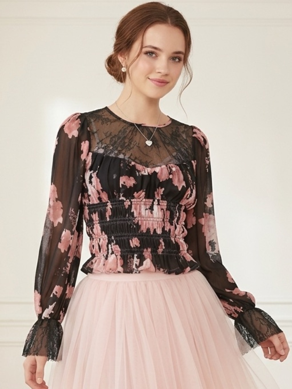 Free People Daphne Floral Ruffle Sleeve Black Pink Blouse Midnight Combo Size XL
